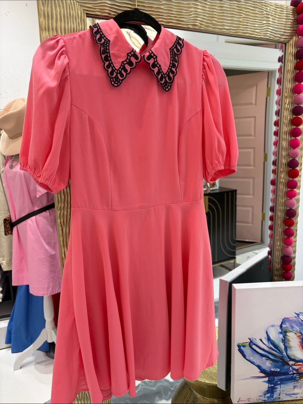 Sugarlips Coral Pink Puff-Sleeve Dress with Contrasting Black Scalloped Collar